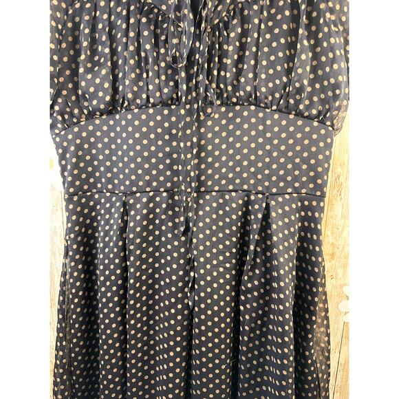 Lindy Bop A-Line Dress Large Black Chiffon Polka Dots Collared Lace Trim Pleated - Picture 6 of 10